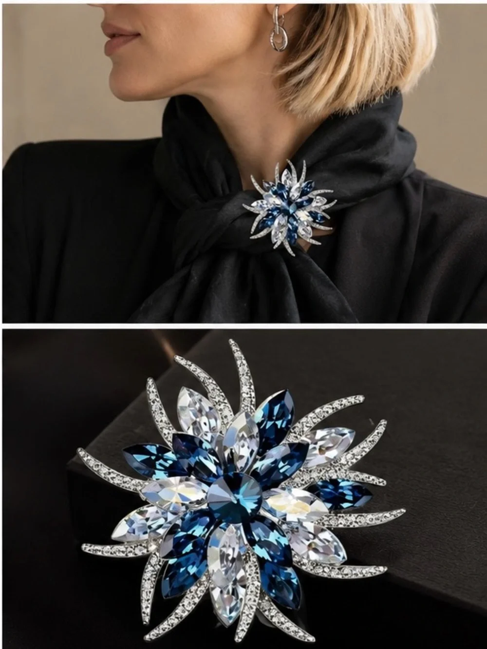 Elegant Blue Crystal Flower Brooch - Women's Jewelry